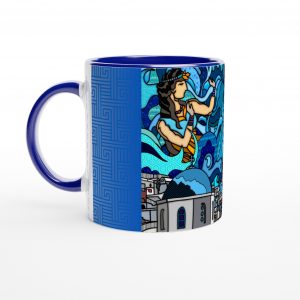 "Hellenic Blues " White 11oz Ceramic Mug with Color Inside Ceramic Blue