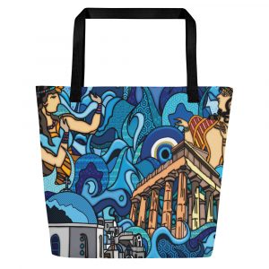 "Hellenic Blues" All-Over Print Large Tote Bag